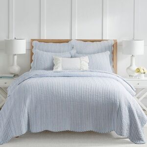 🆕 PB Style Blue & White Striped Cotton Quilt Coverlet Scalloped Trim Set NWT